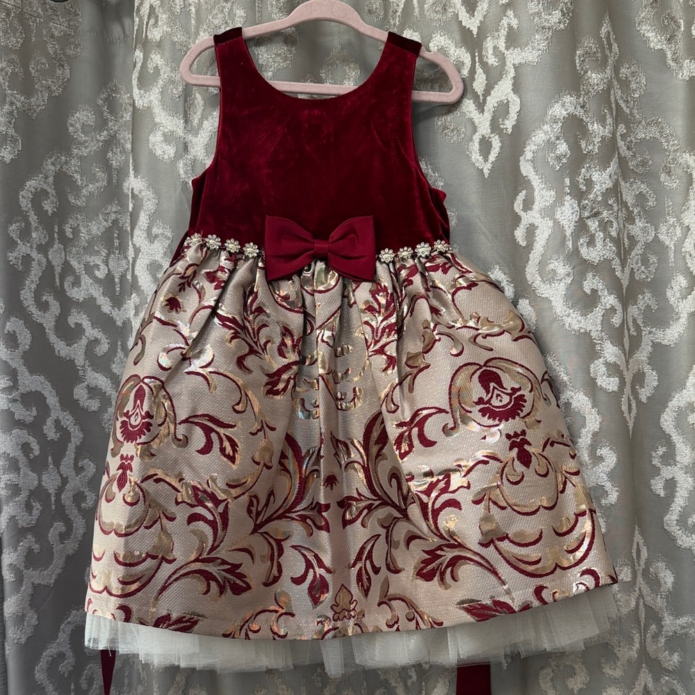 American Princess Elegant Red and Gold Floral Dress with Bow Size 4